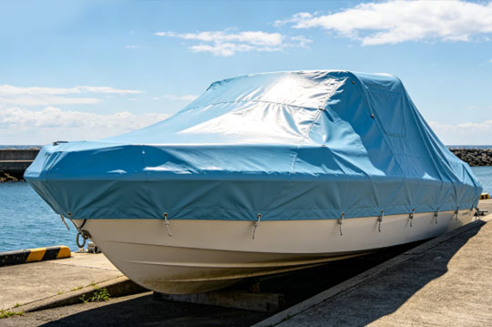 PVC Waterproof Tarpaulin Cover Protection Solution for Parked Speedboats PVC Waterproof Tarpaulin Cover Protection Solution for Parked Speedboats
